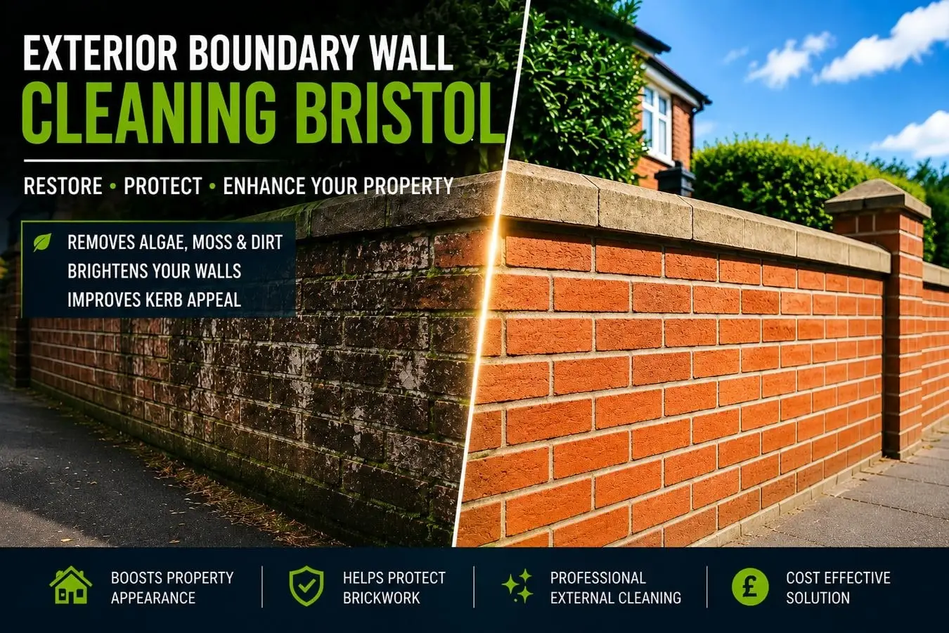 Professional brick boundary wall cleaning in Bristol removing algae moss and weather staining